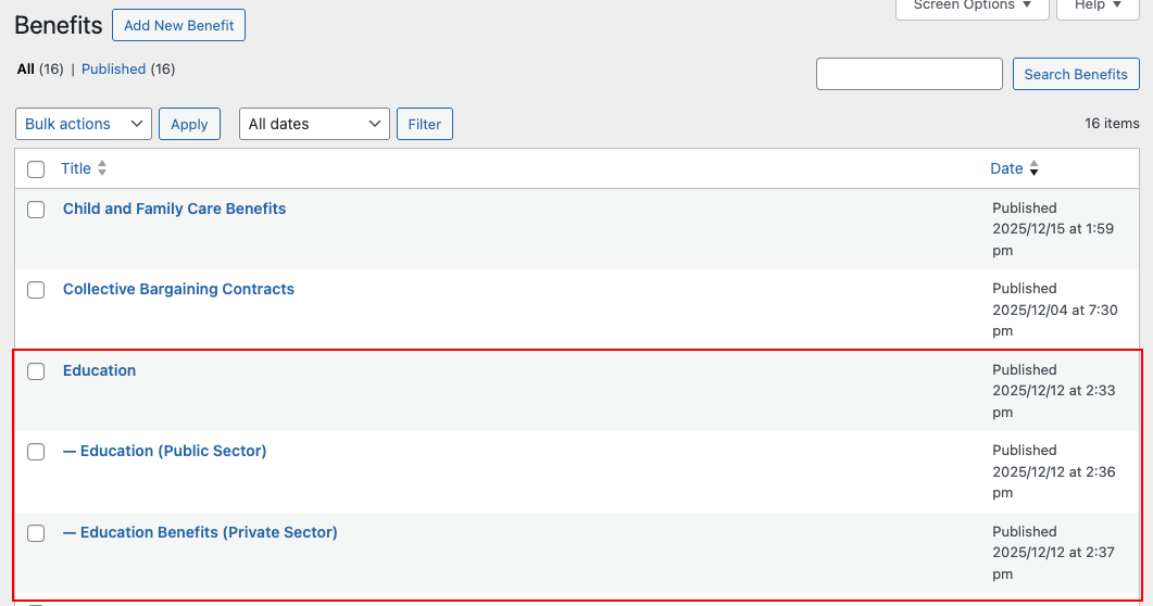 Benefits hierachy for public/private