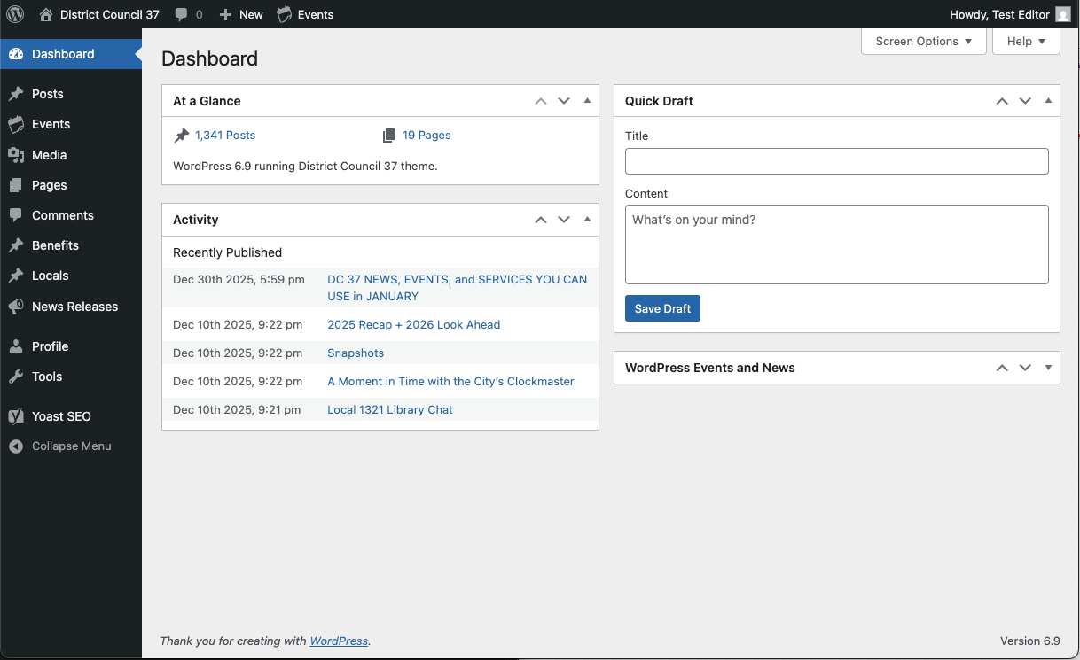 WordPress Dashboard screen